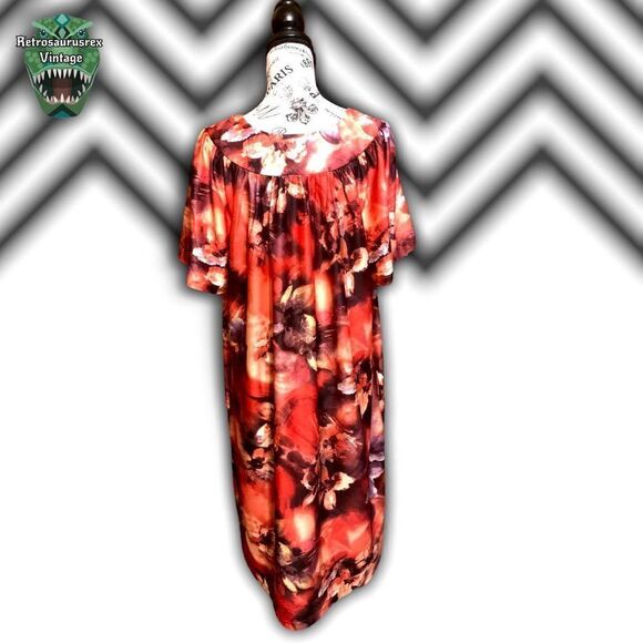 Vintage Hippie Burnt Orange Hawaiian Floral Anthony Richards Caftan Dress, large - Picture 3 of 7